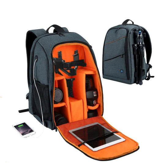 Mochila impermeável para câmeras, lentes e acessórios fotográficos com entrada para fone de ouvido e entrada USB para carregamento de celular
