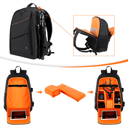 Mochila impermeável para câmeras, lentes e acessórios fotográficos com entrada para fone de ouvido e entrada USB para carregamento de celular