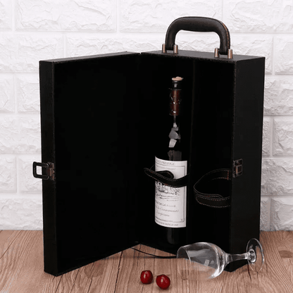 Maleta para vinho de couro com compartimento para 2 garrafas e kit de 4 acessórios