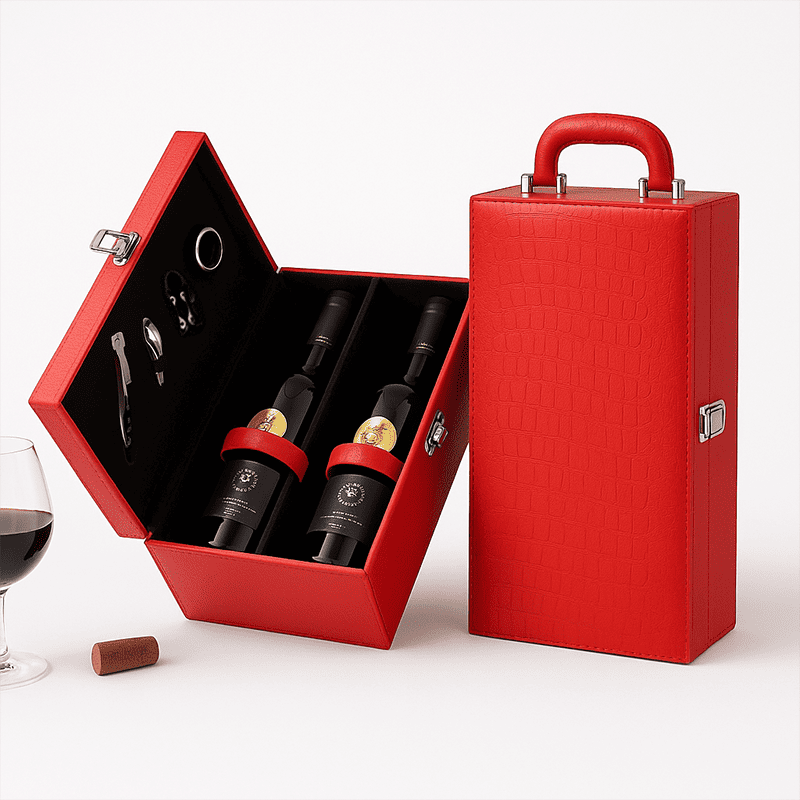 Maleta para vinho de couro com compartimento para 1 e 2 garrafas e kit de 4 acessórios