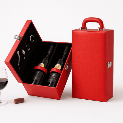 Maleta para vinho de couro com compartimento para 1 e 2 garrafas e kit de 4 acessórios