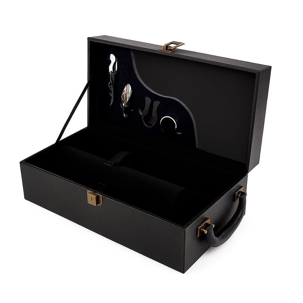 Maleta para vinho de couro com compartimento para 2 garrafas e kit de 4 acessórios