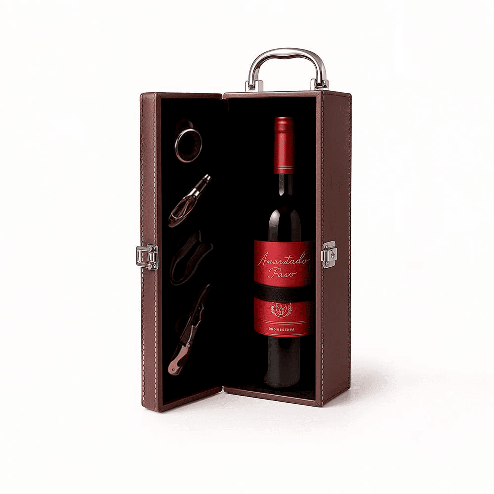 Maleta para vinho de couro com compartimento para 1 garrafa e kit de 4 acessórios