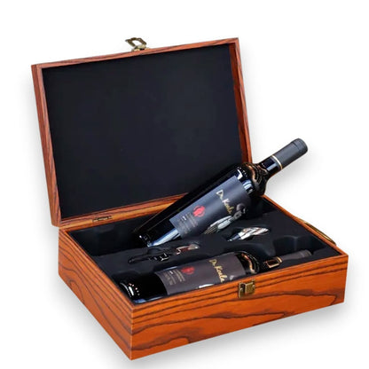 Maleta para vinho de madeira com compartimento para 2 garrafas e kit de 2 acessórios