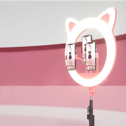 Katzenohren-Ringlicht mit verstellbarem Stativ, 3 Farben und Handyhalterungen