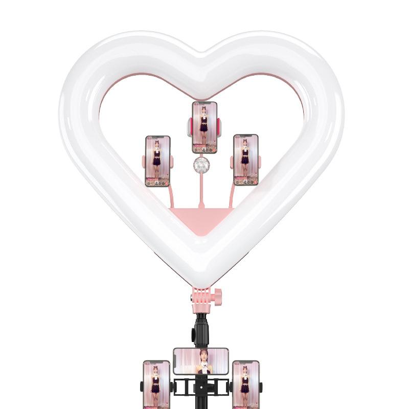 Ring light com formato em coração com tripé ajustável, várias cores e 3 suportes para celular
