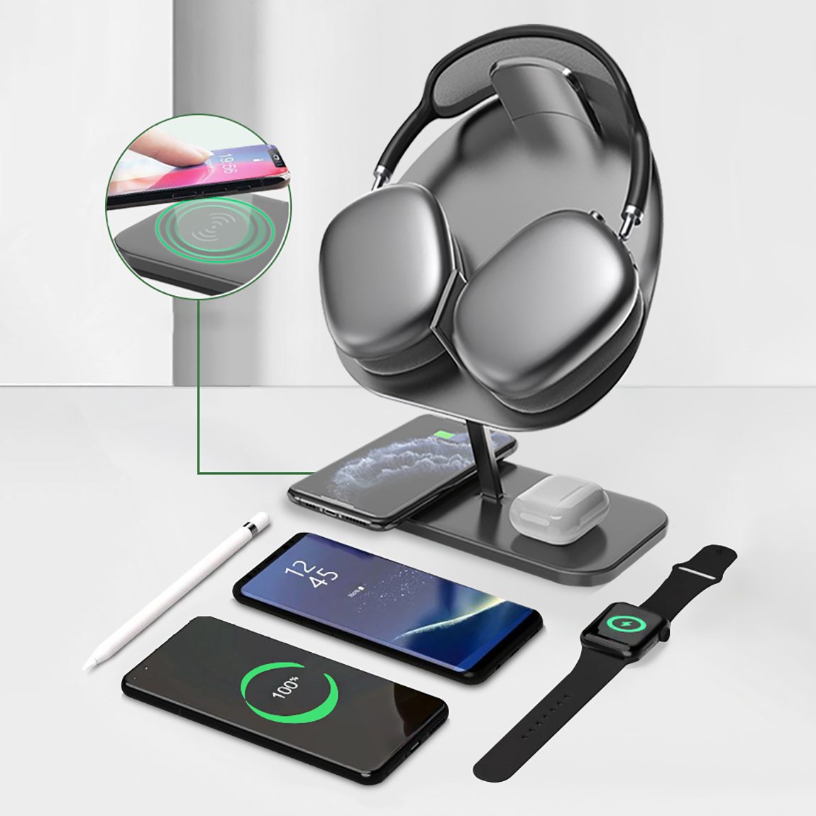 Headset Earphone Holder with 2 in 1 Wireless and Induction Charger