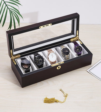 Porta-relógios de madeira com 5 compartimentos