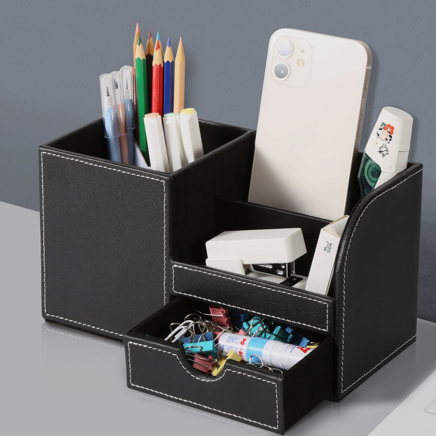 Caixa organizadora com gaveta e porta-lápis e caneta para escritório