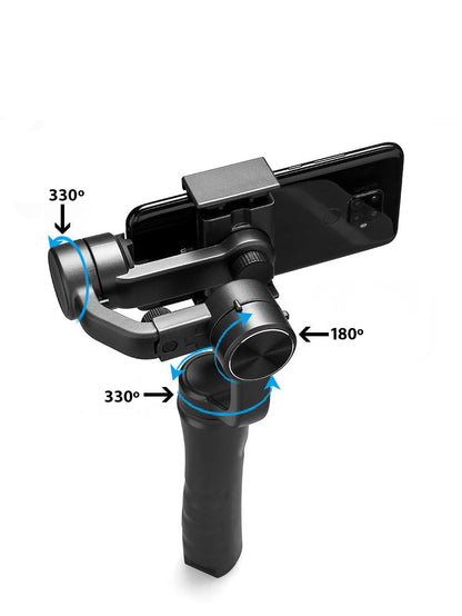 Cell phone stabilizer support with attached control, screw-on base for tripod and angle adjustment and rotation of up to 330º