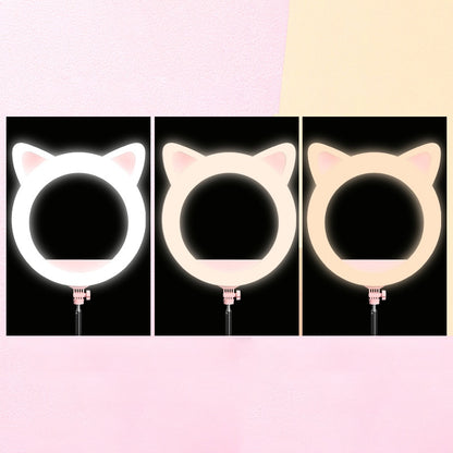Ring light com formato de orelhas de gato com tripé ajustável, 3 cores e suportes para celular