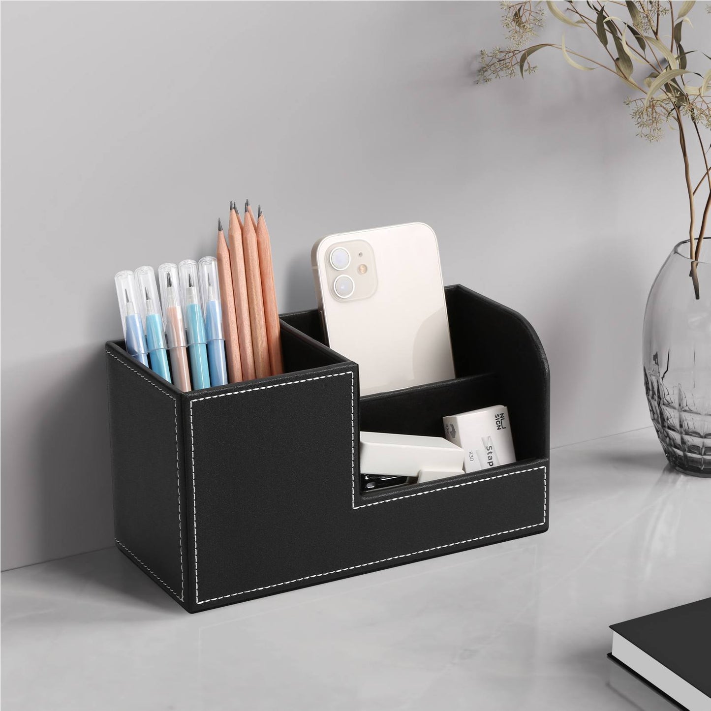 Organizer box with pencil and pen holder for office