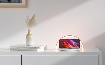 Lamp and support with wireless and induction charger attached for cell phone