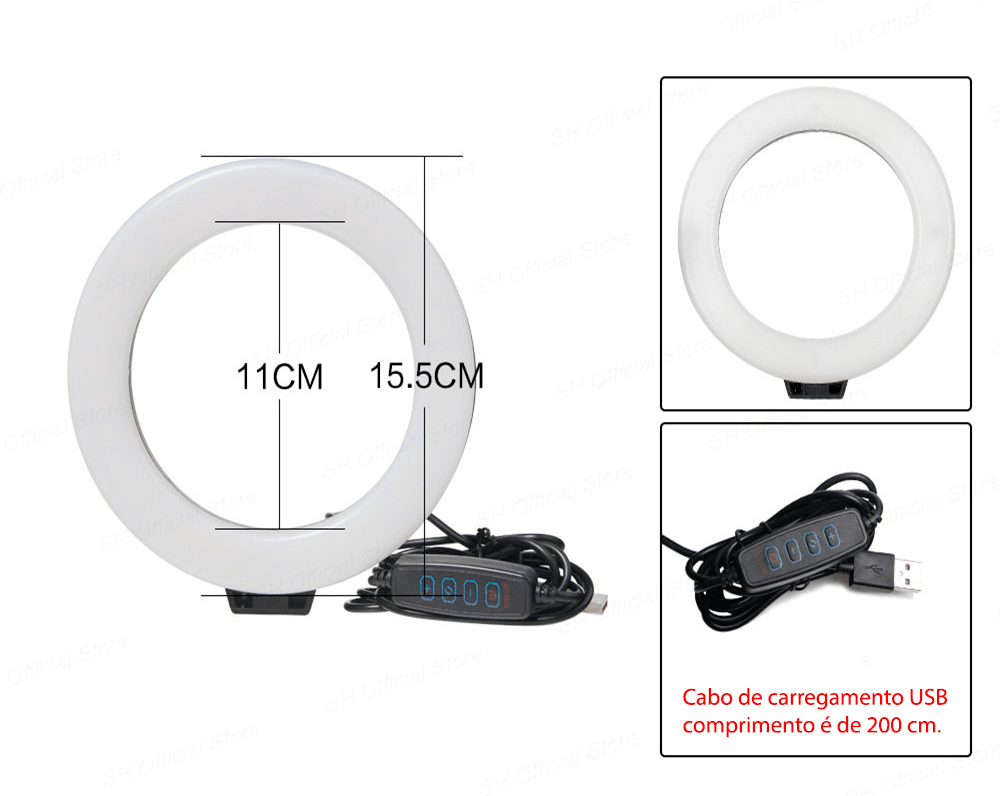 Ring light com tripé ajustável e 3 tipos de cores 16cm - Rede Canan