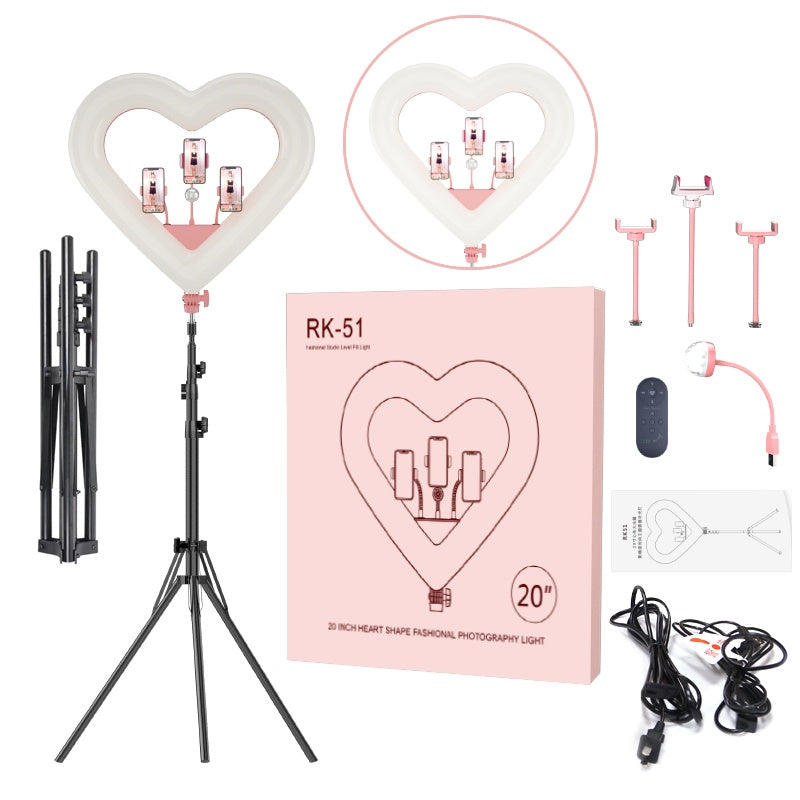Heart-shaped ring light with adjustable tripod, various colors and 3 cell phone holders