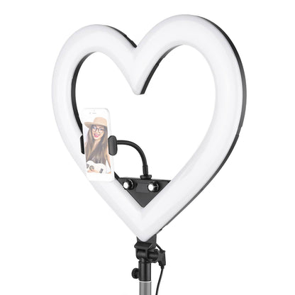 Ring light com formato em coração com tripé ajustável, várias cores e 3 suportes para celular