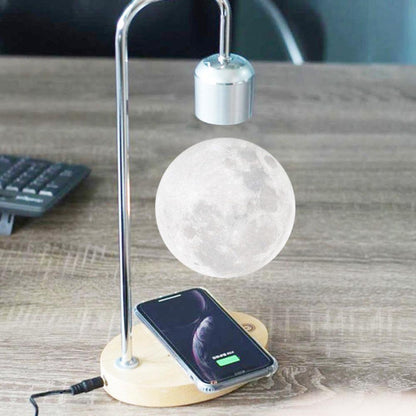 Floating moon lamp with magnetic levitation and wireless and induction charger attached for cell phone