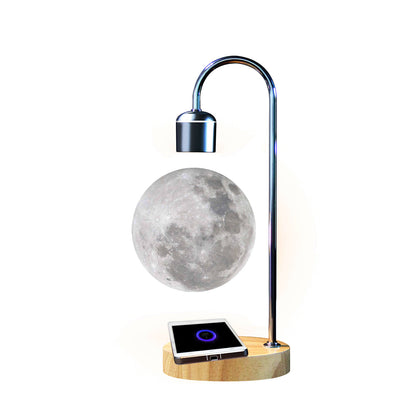 Schwebende Mondlampe mit Magnetschwebebahn und angeschlossenem kabellosem und Induktionsladegerät für Mobiltelefone