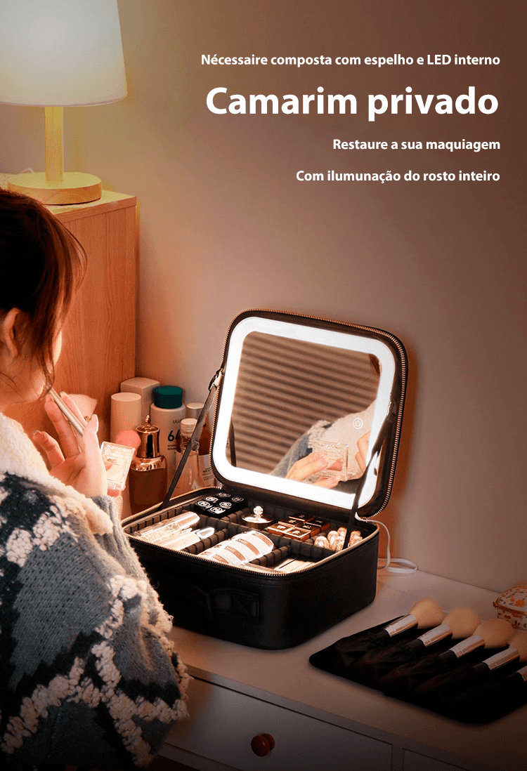 Maleta organizadora para maquiagem com espelho e LED embutido - Rede Canan