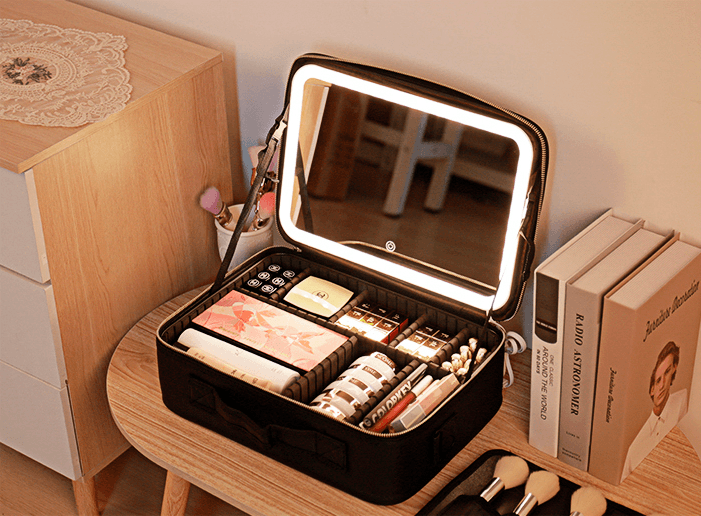 Maleta organizadora para maquiagem com espelho e LED embutido - Rede Canan
