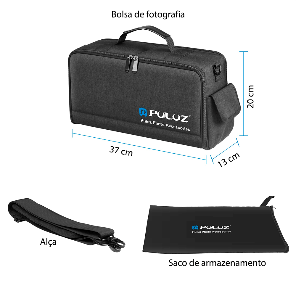 Mochila Puluz impermeável para câmeras, lentes e acessórios fotográficos com entrada para fone de ouvido e entrada USB para carregamento de celular - Rede Canan