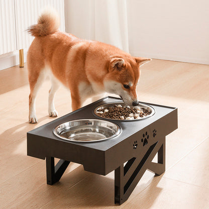 Support table with double bowls and adjustable height for pets