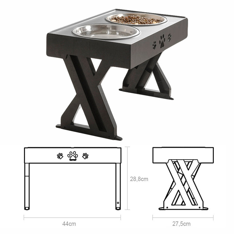 Support table with double bowls and adjustable height for pets