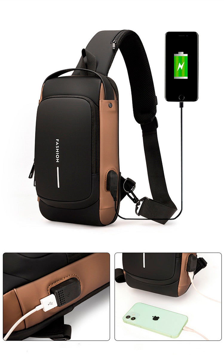 Waterproof backpack with USB port for cell phone battery charging and anti-theft lock