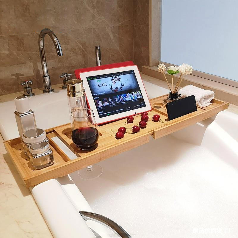 Badetisch mit angebrachter Halterung für iPad/Tablet und Mobiltelefon