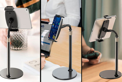 Cell phone and iPad holder with adjustable elevation and rotation up to 360 degrees